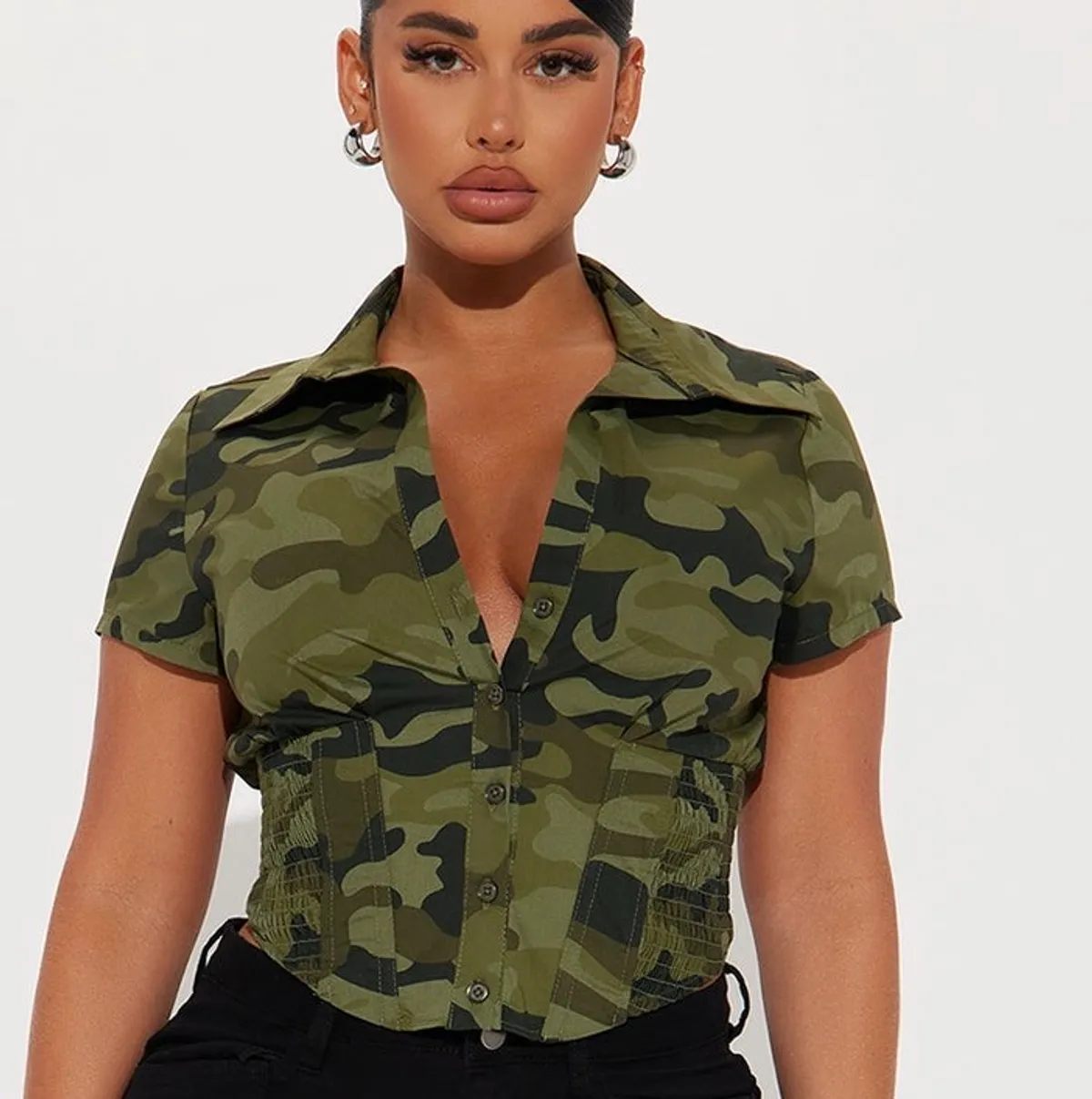 Endless Talks Camo Corset Short Sleeve Top - Olive/combo (SMALL)