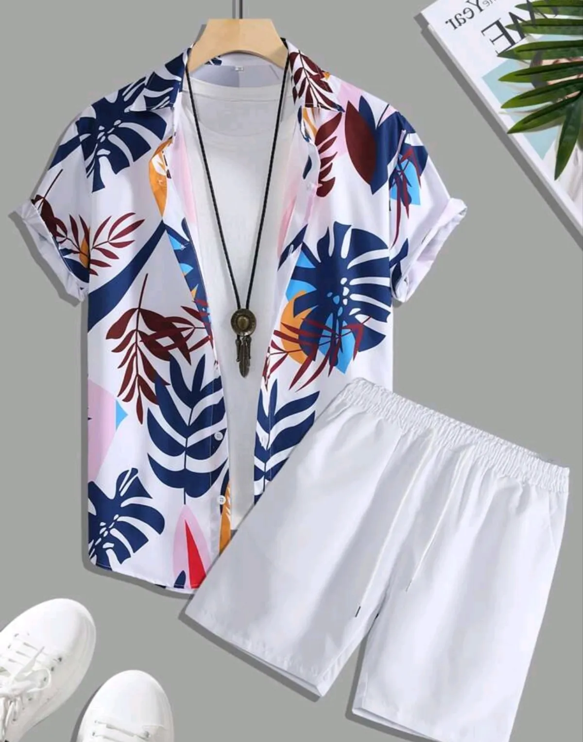 Men's White Floral Tropical Print Shirt & Shorts Set - Size M