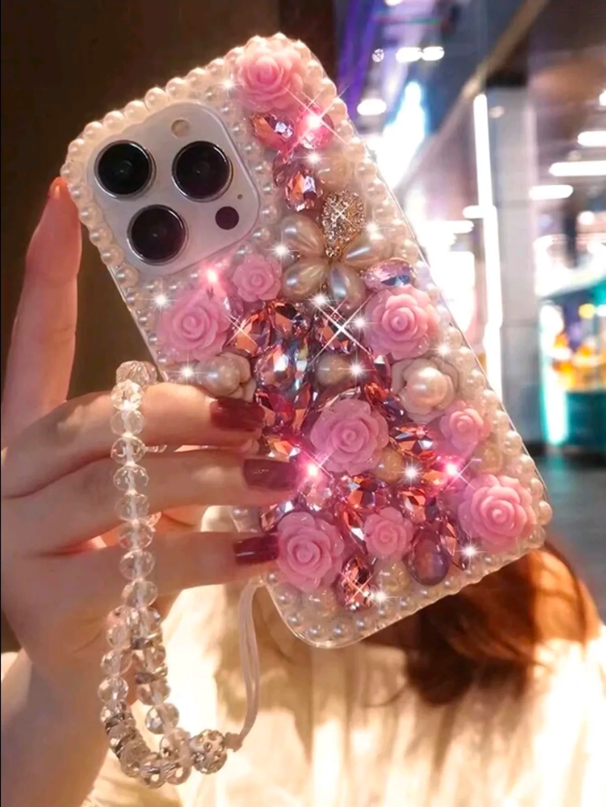 Faux Pearl Trim & Rhinestones Decor Crystal Bracelet Phone Case iPhone XS Shockproof Anti-Fall Scratch Resistant