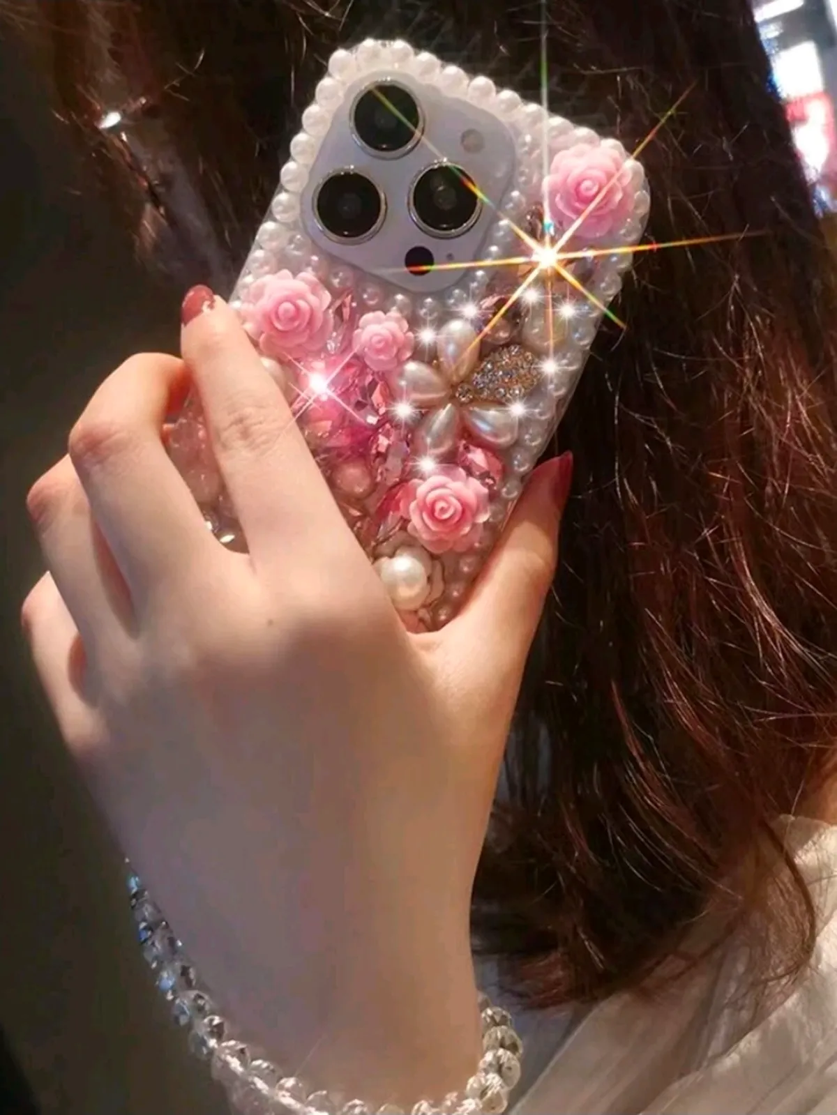 Faux Pearl Trim & Rhinestones Decor Crystal Bracelet Phone Case iPhone XS Shockproof Anti-Fall Scratch Resistant