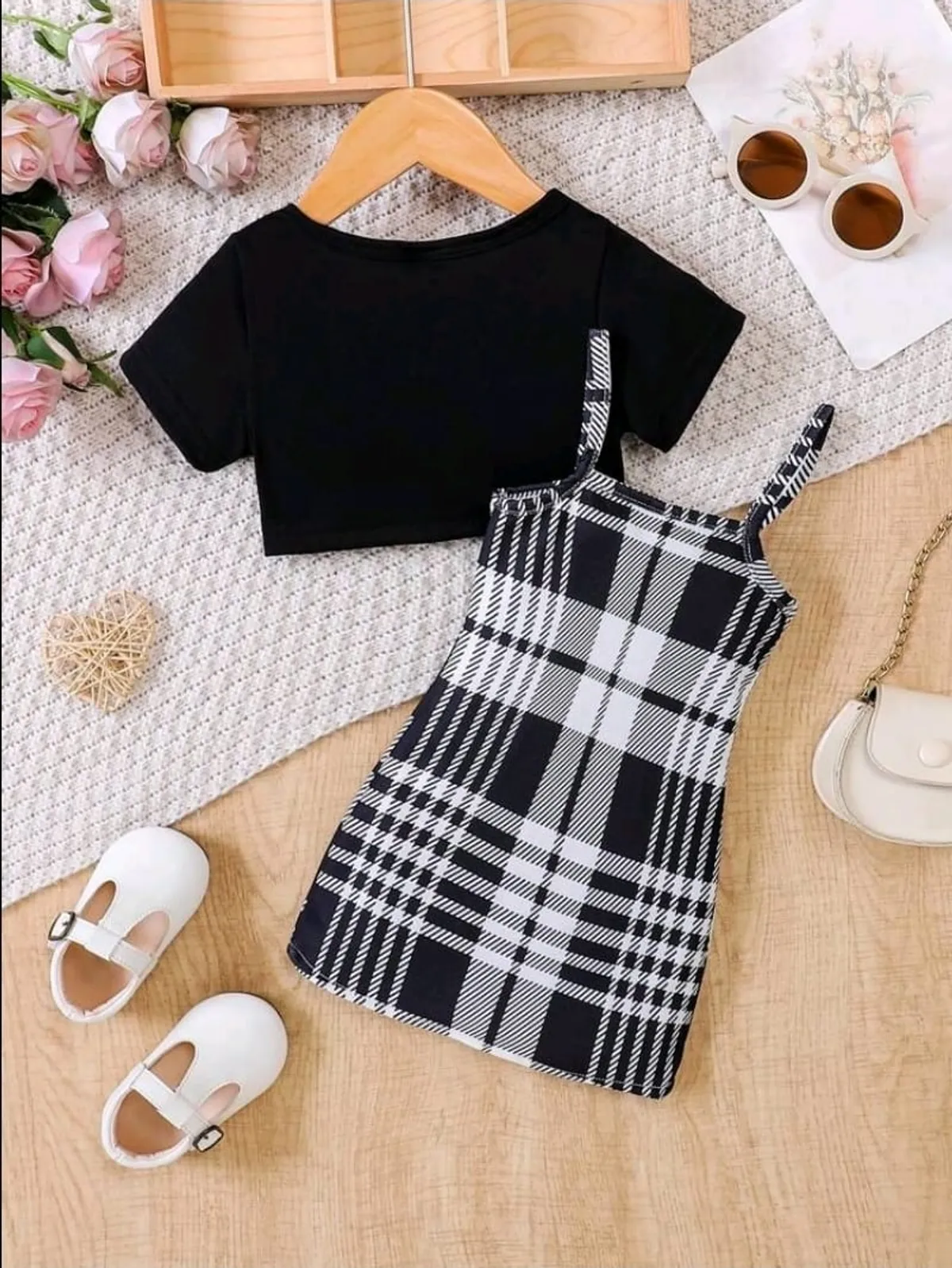 Girl Letter Graphic Tee & Plaid Print Cami Dress, For Christmas - Size 7Y