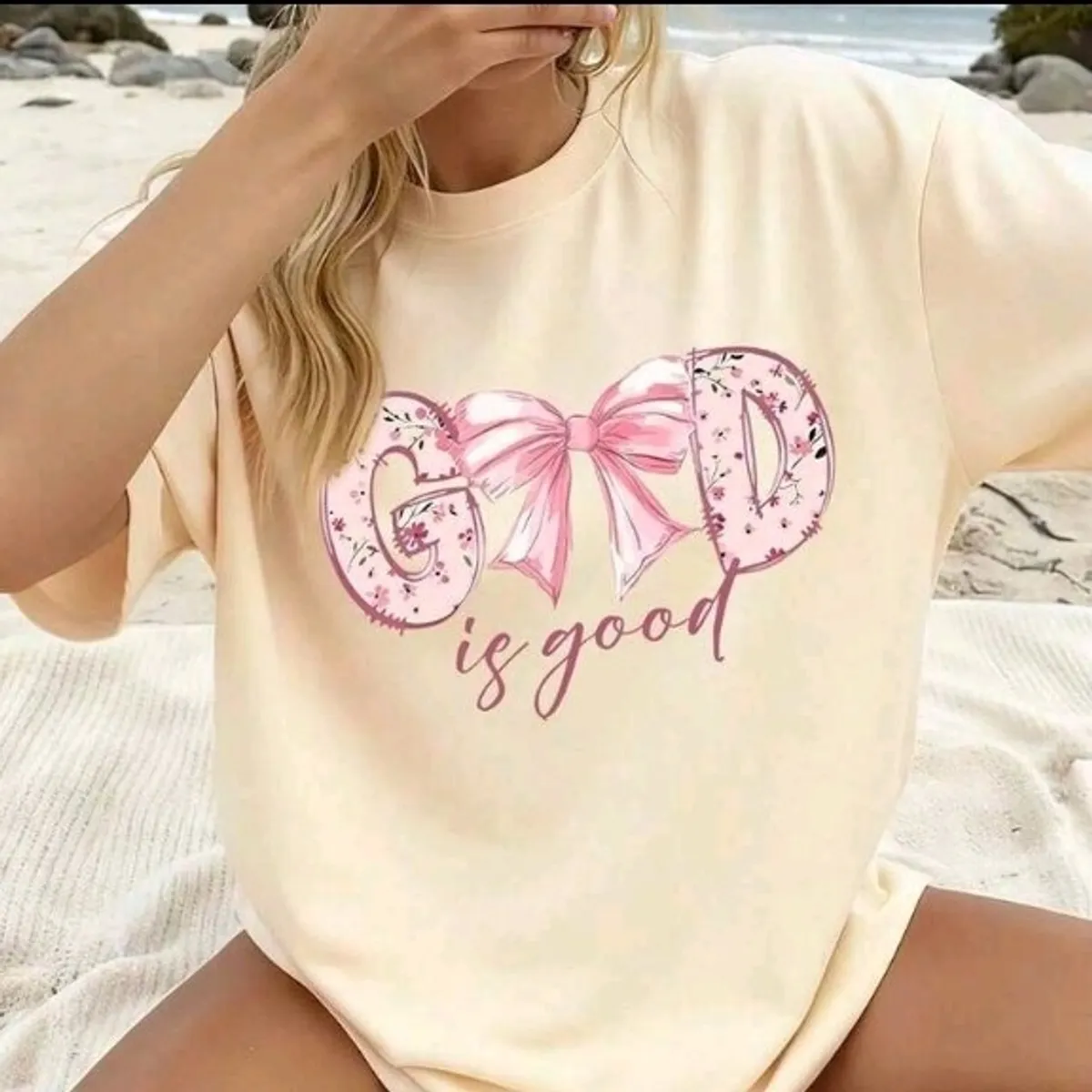 Women's Apricot  Sweet Bowknot Print, "God Is Good" T-Shirt-Size-XXL