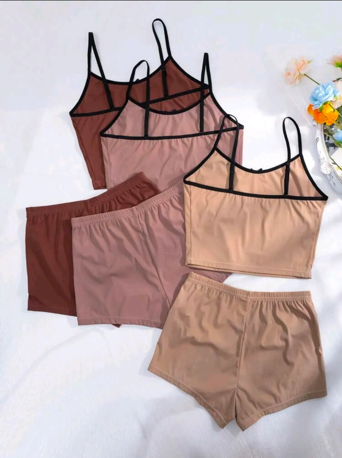 Large Softscene 6pcs Contrast Binding Cami Top & 3pcs Bow Front Shorts Lounge Set