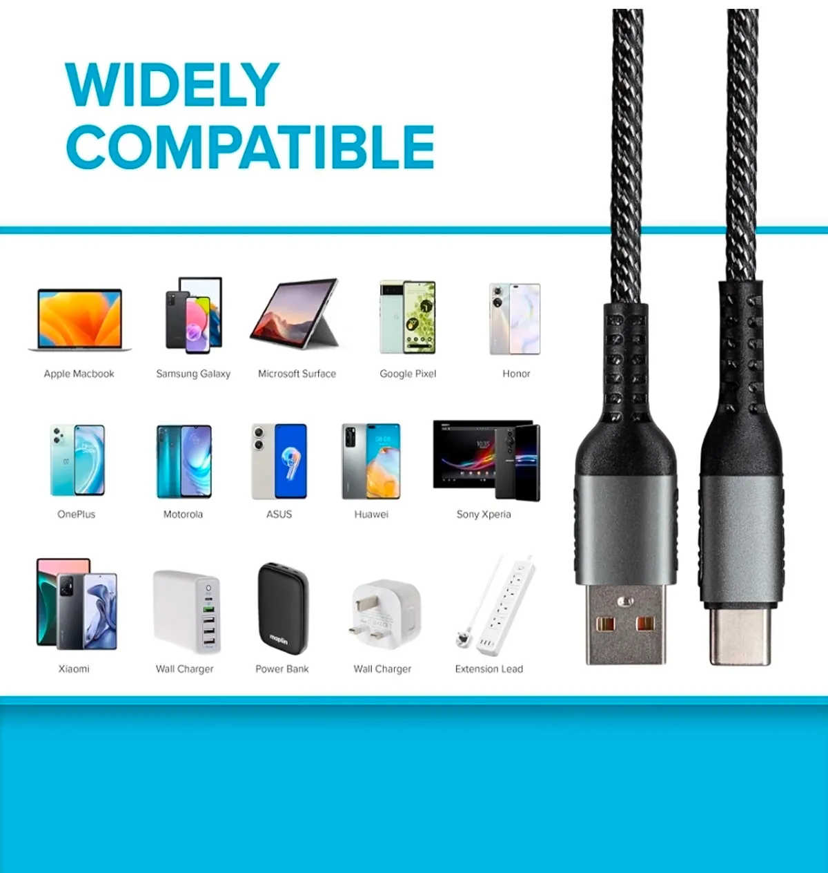 Maplin USB C to USB-A Cable Braided 1m