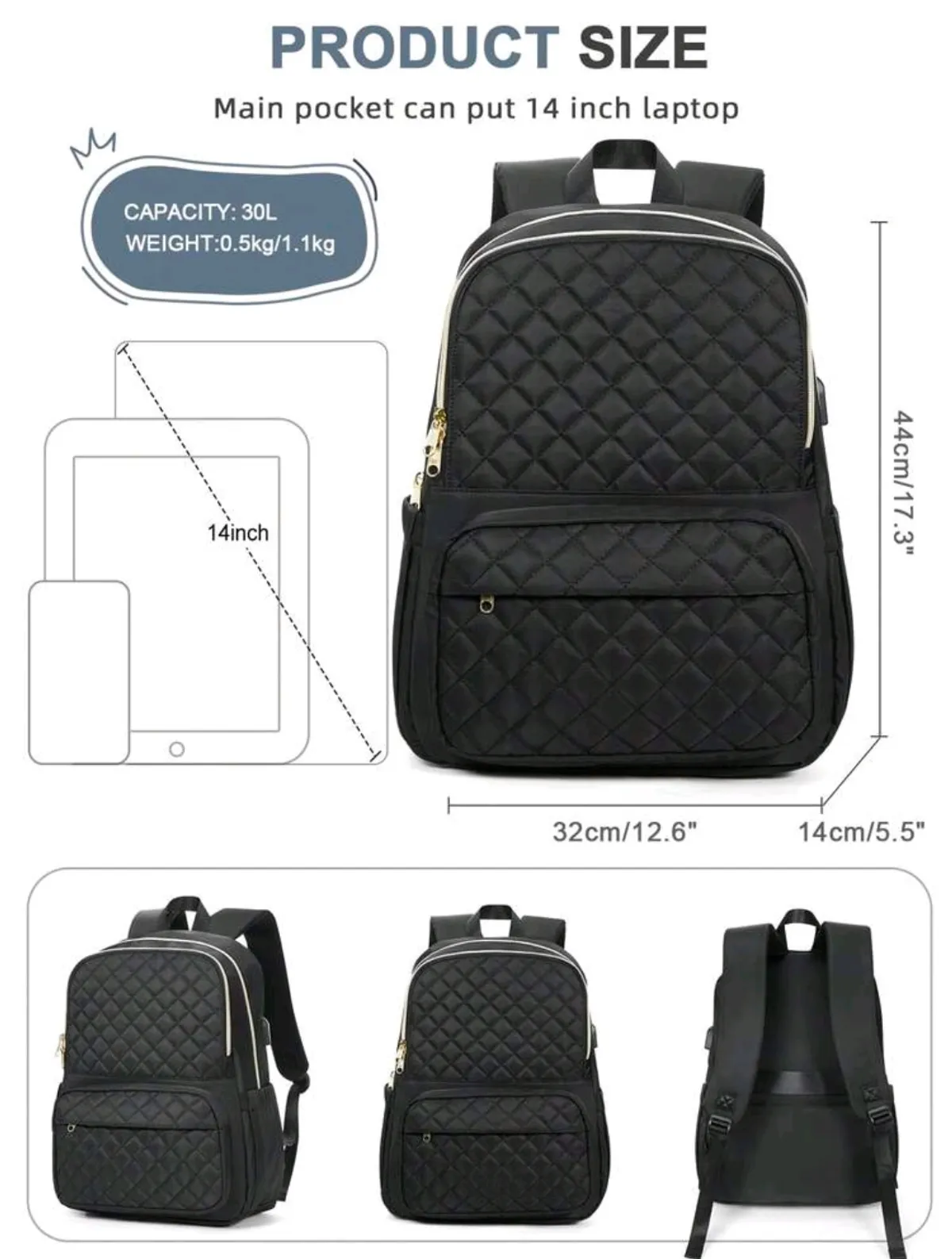 Floless Laptop Backpack Unisex, Quilted Durable Classical 14/15.6 Inch