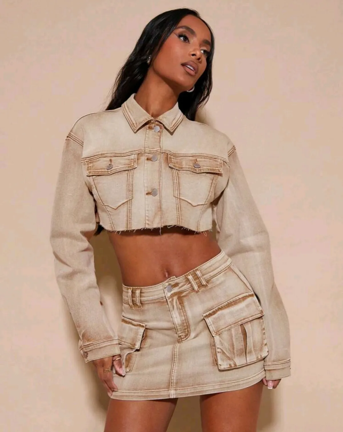 BAE Flap Pocket Raw Hem Crop Denim Jacket, Vintage, Fall Women Clothes, Streetwear - Size M