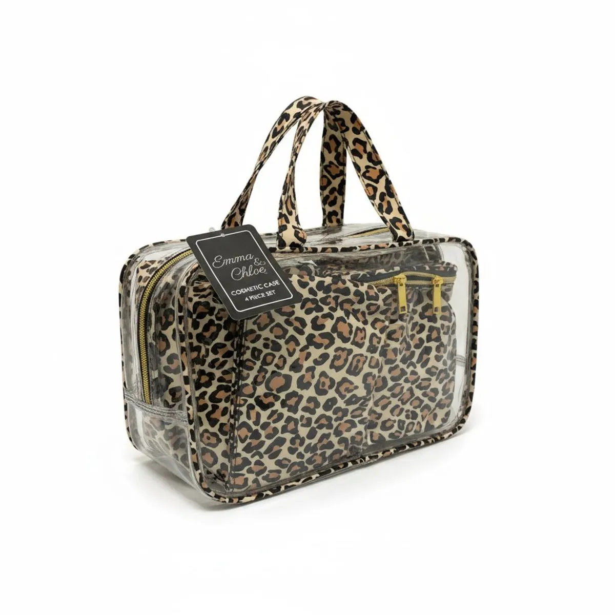 Emma and Chloe Cosmetic Case 4-Pc Set, for Cosmetics, Makeup, for Traveling or Organizing Products, Clear & Leopard Print