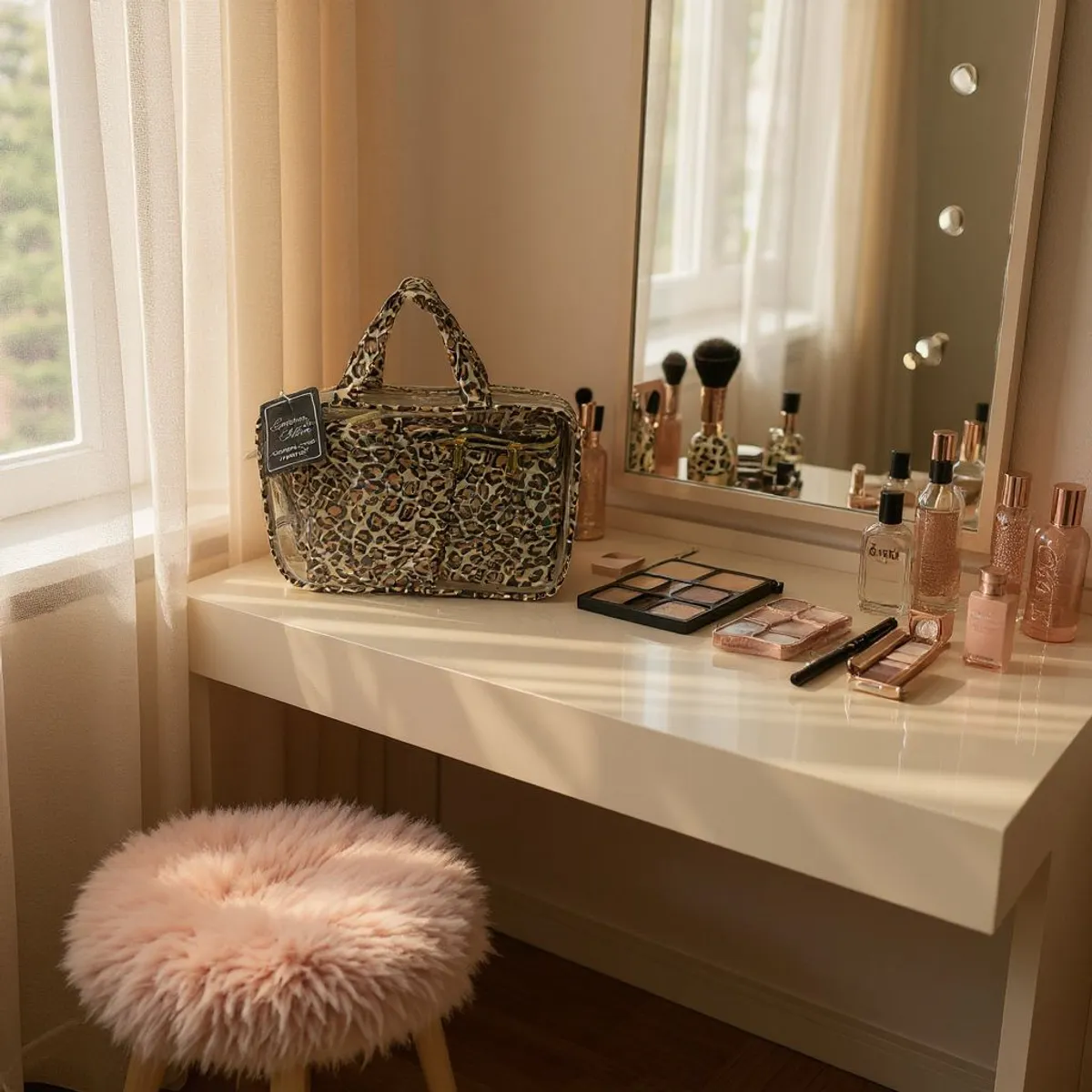 Emma and Chloe Cosmetic Case 4-Pc Set, for Cosmetics, Makeup, for Traveling or Organizing Products, Clear & Leopard Print