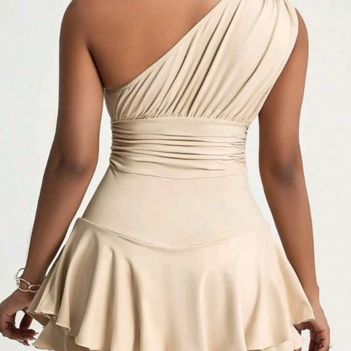 Women's Apricot Asymmetrical Neck Ruffle Trimmed  Jumpsuit-Size M