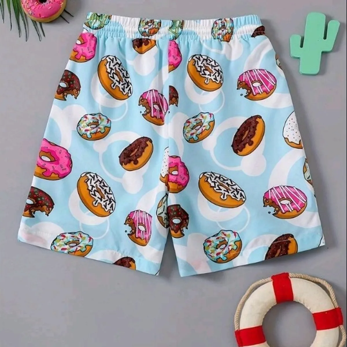 Men's Donut Print Elastic Waist Drawstring Shorts-Size M
