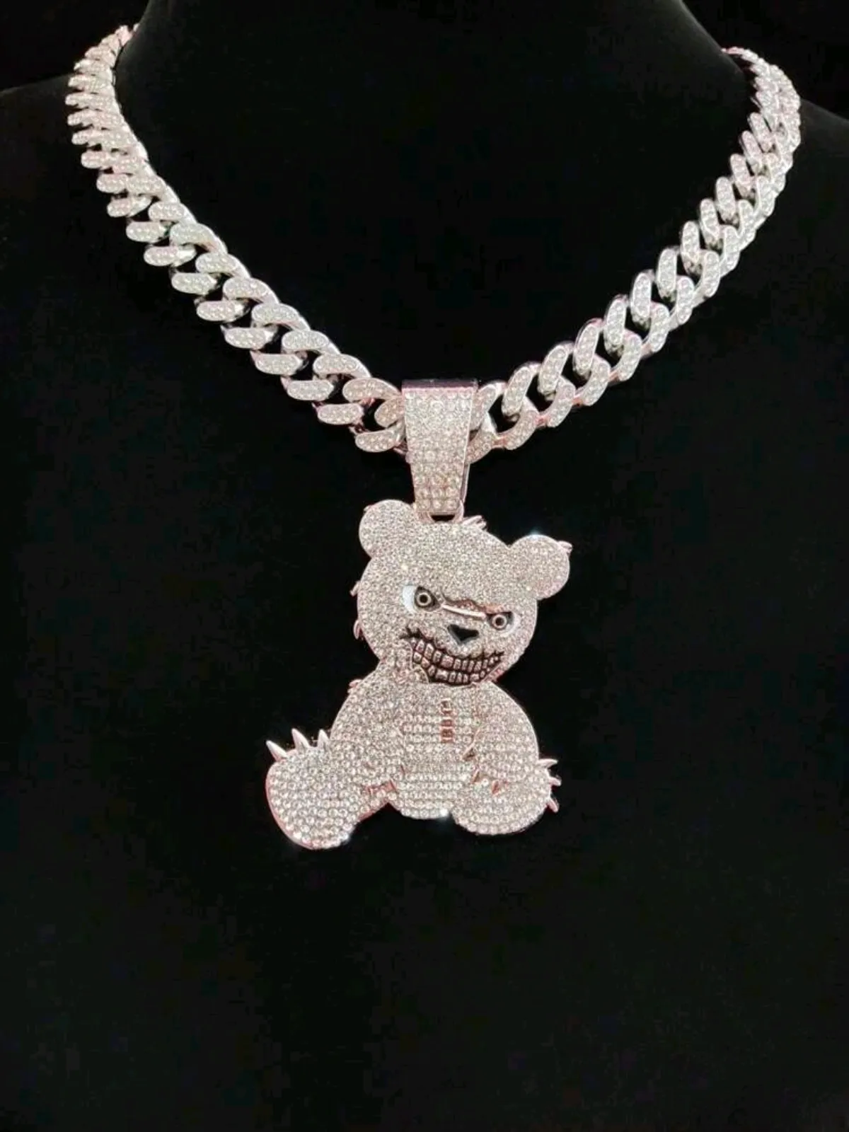 2pcs/Set: 1pc 5mm Stainless Steel  Chain, 1pc 13mm Wide Rhinestone Embellished  Chain, 1pc Bear Shape Pendant
