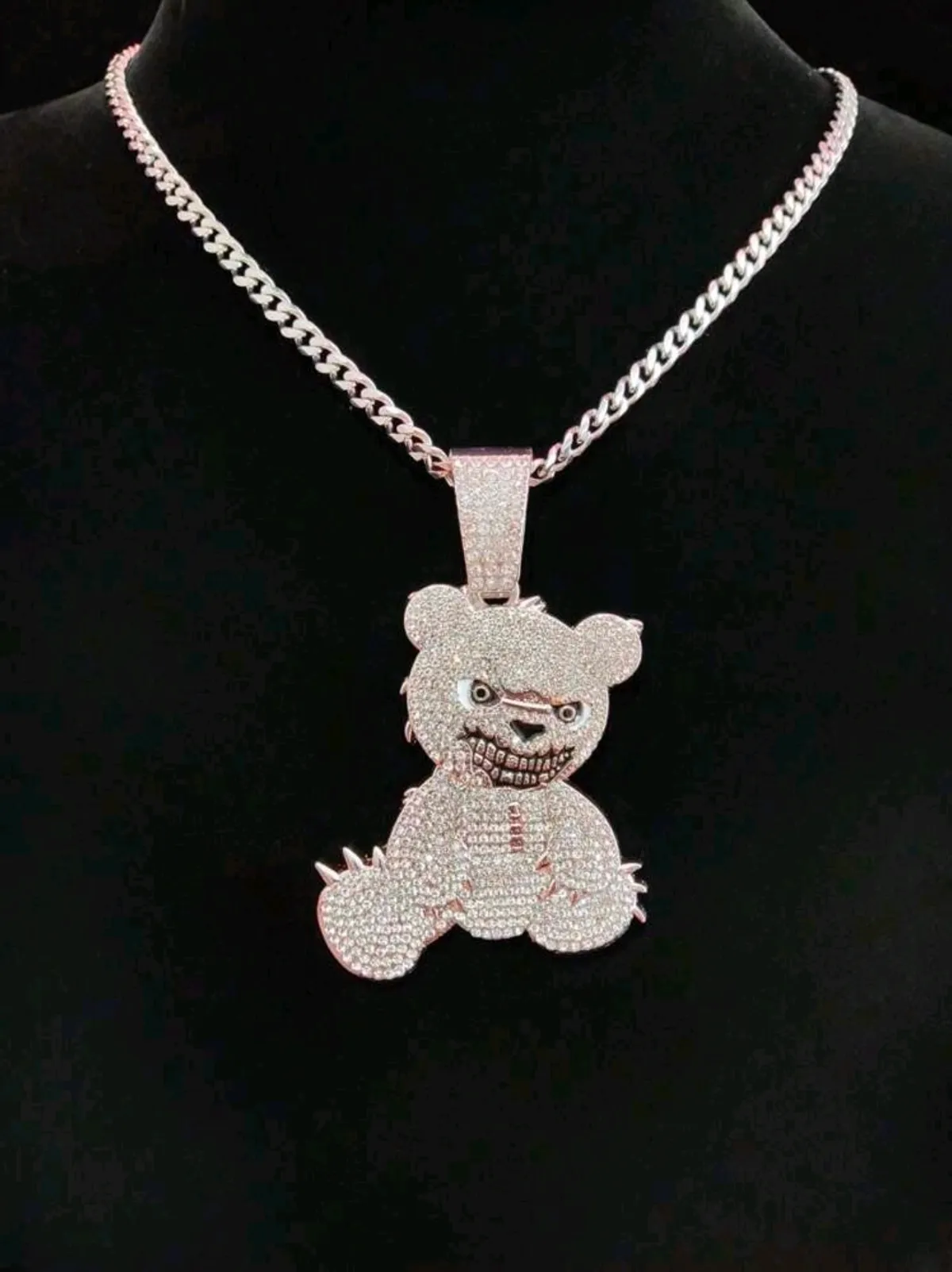 2pcs/Set: 1pc 5mm Stainless Steel  Chain, 1pc 13mm Wide Rhinestone Embellished  Chain, 1pc Bear Shape Pendant