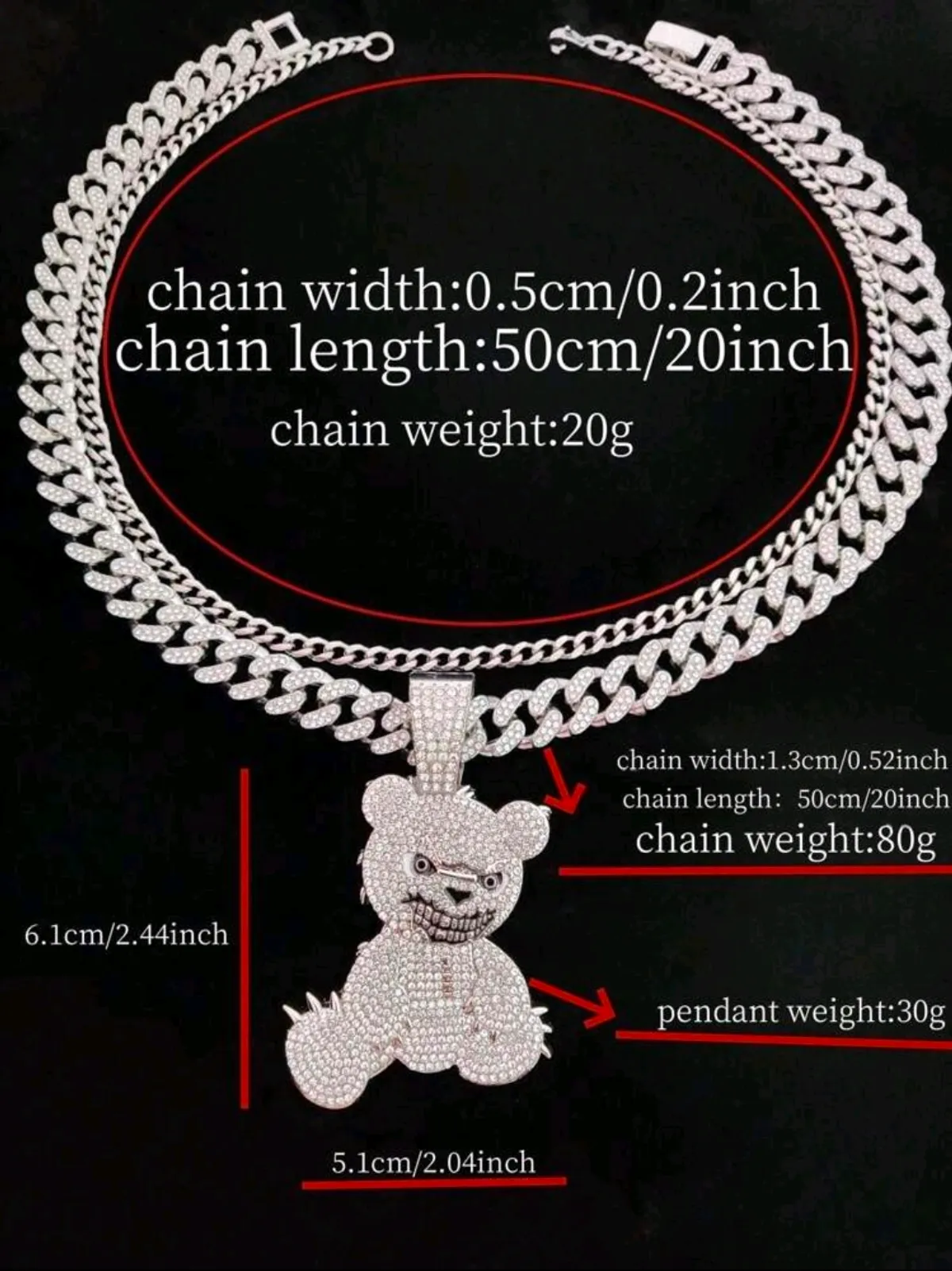 2pcs/Set: 1pc 5mm Stainless Steel  Chain, 1pc 13mm Wide Rhinestone Embellished  Chain, 1pc Bear Shape Pendant