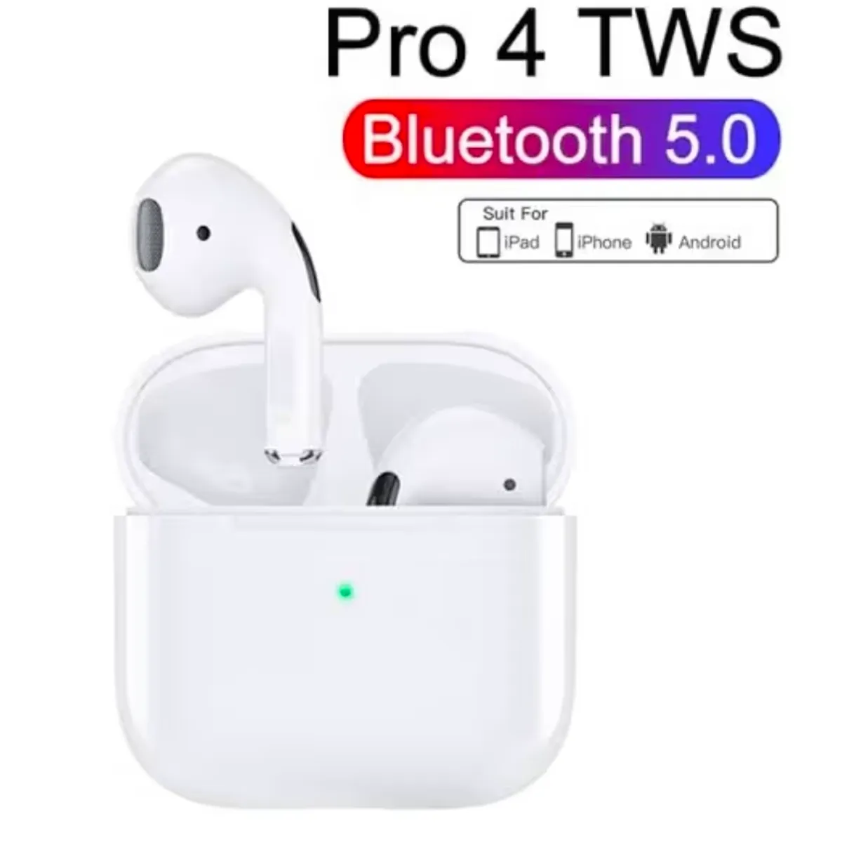 Pro 4 TWS Wireless Earbuds, Bluetooth 5.0, Touch Control, White, Compatible with iPad, iPhone, Android