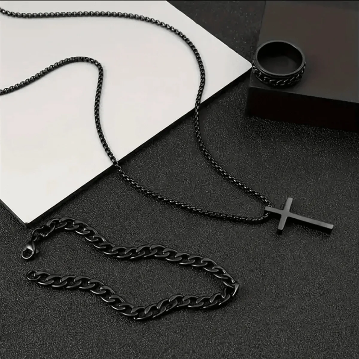 3pcs Men's Hip Hop Stainless Steel  Chain Rotate Decompression Ring Cross Set