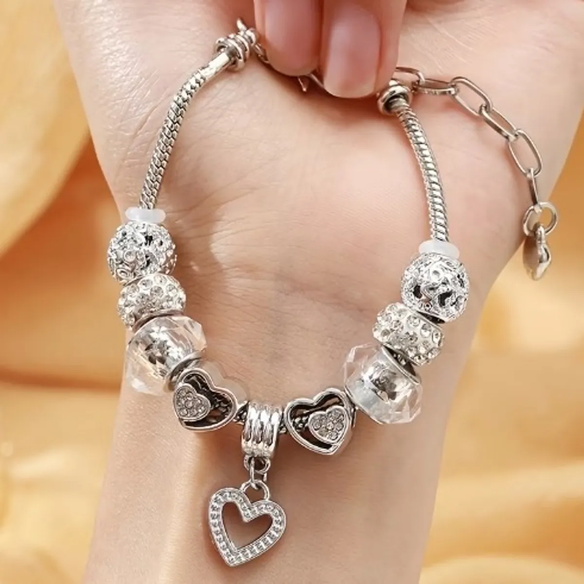 Women's Silvery Snake Chain Hollow Out Love Heart Pendant Bangle Bracelet