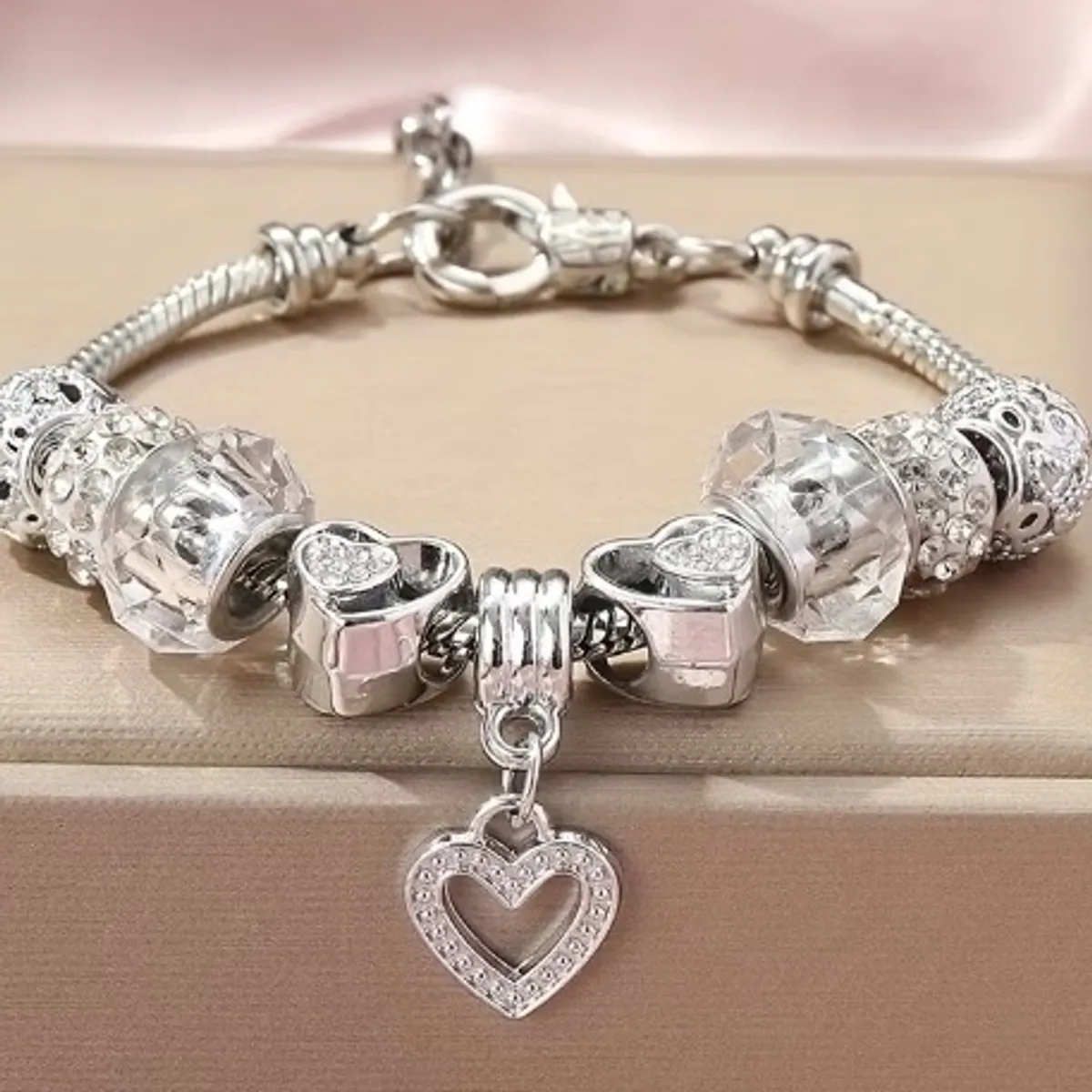 Women's Silvery Snake Chain Hollow Out Love Heart Pendant Bangle Bracelet