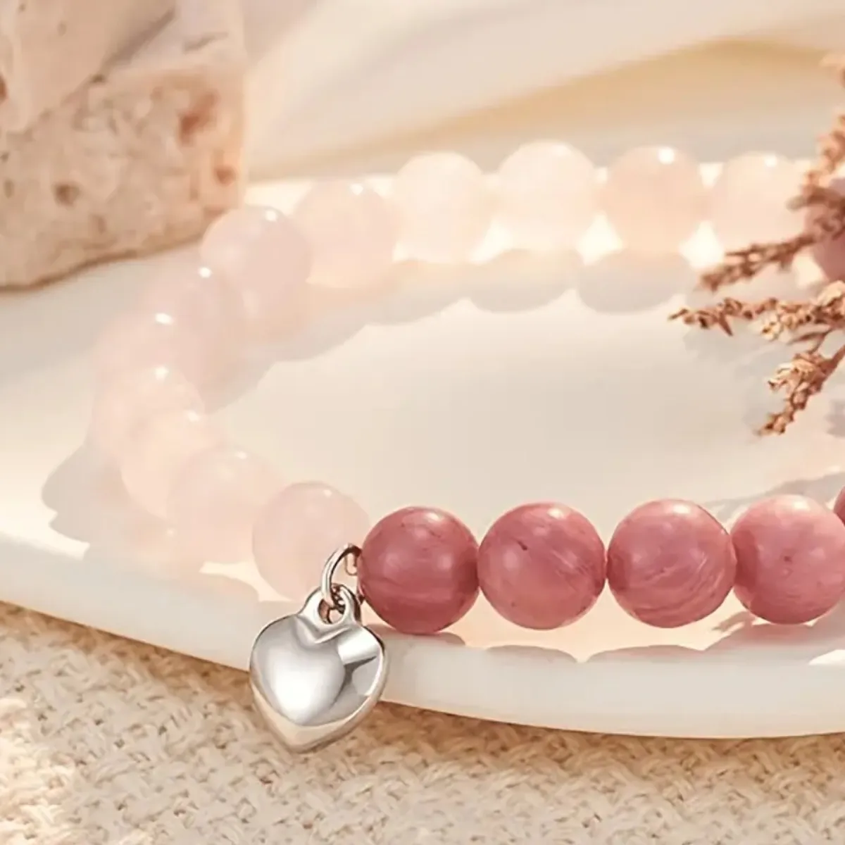 Warm and Translucent Pink Quartz and Rhodonite Contrast-color Round Bead Bracelet