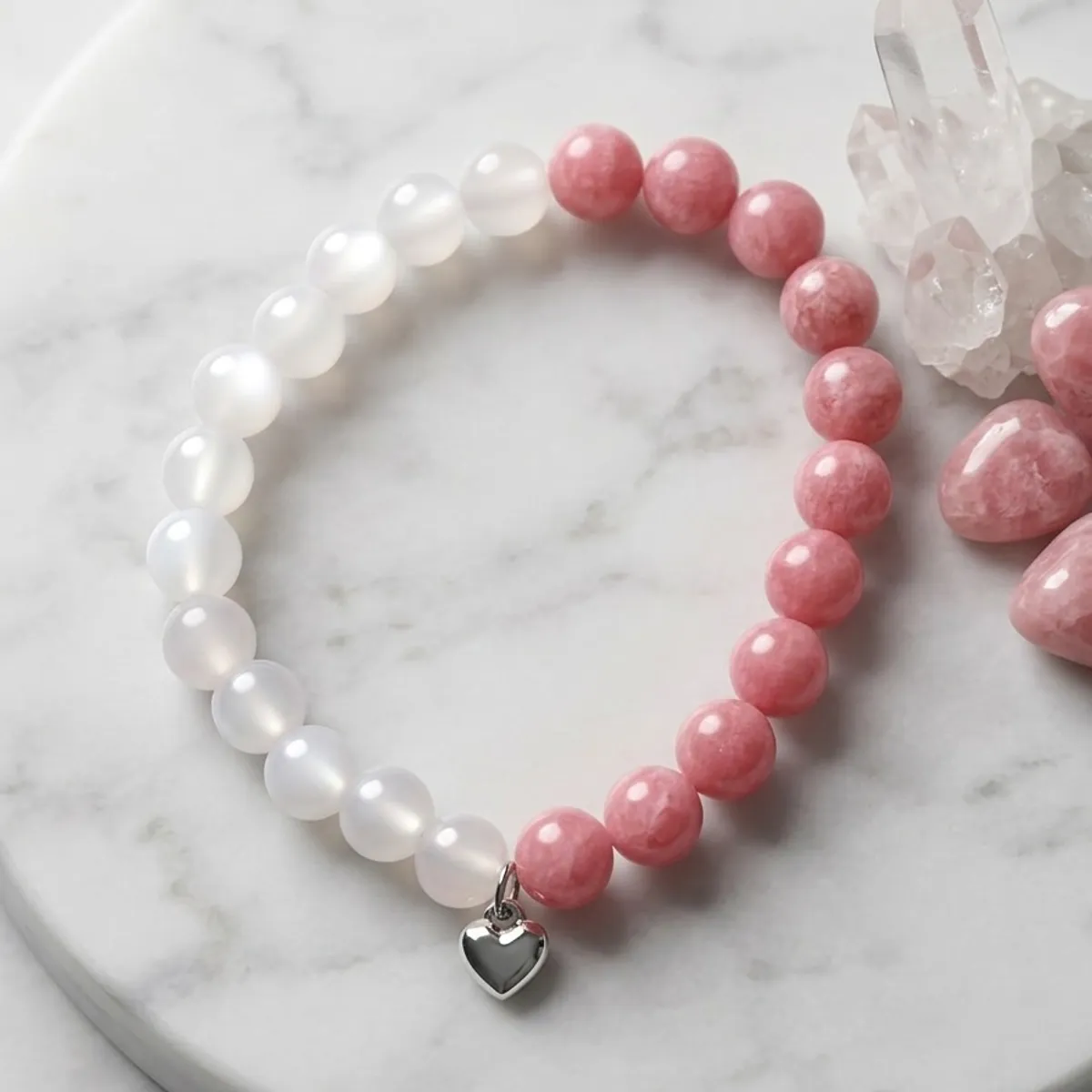 Warm and Translucent Pink Quartz and Rhodonite Contrast-color Round Bead Bracelet