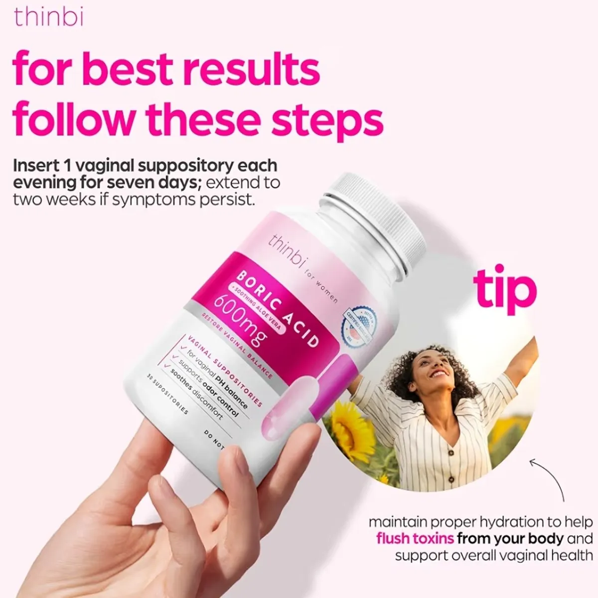 Artnaturals Thinbi Boric Acid Suppositories for Women w/AloeVera
