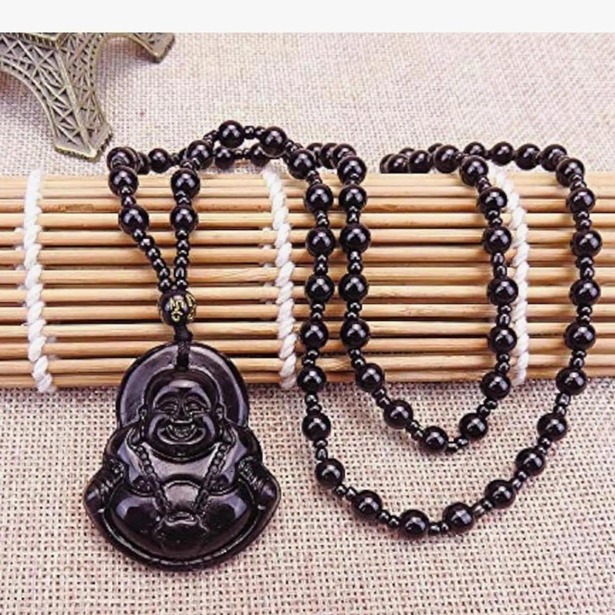 Black Yocoyee Obsidian Stone Buddha Beads Chain Necklace