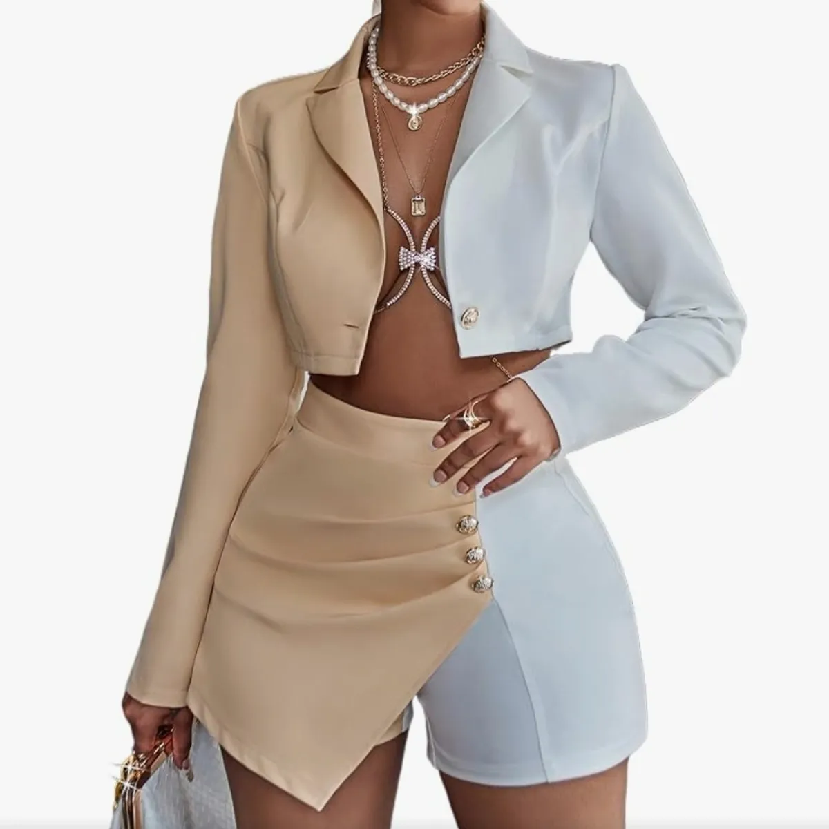Two-Piece Beige and white Cropped Blazer with an Asymmetrical Skort Set-Size L