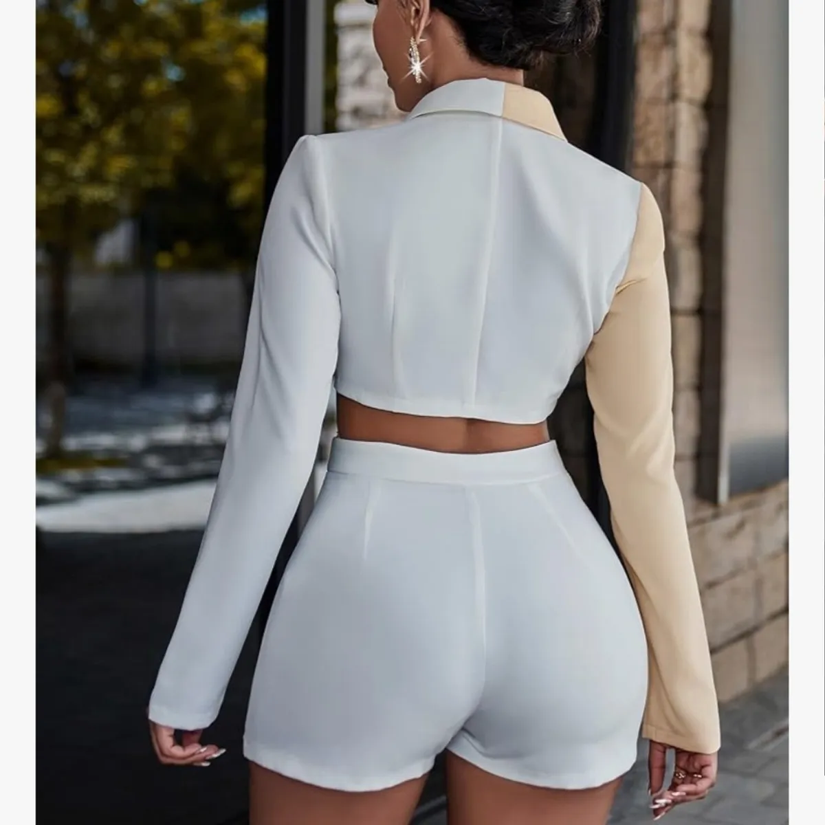 Two-Piece Beige and white Cropped Blazer with an Asymmetrical Skort Set-Size L