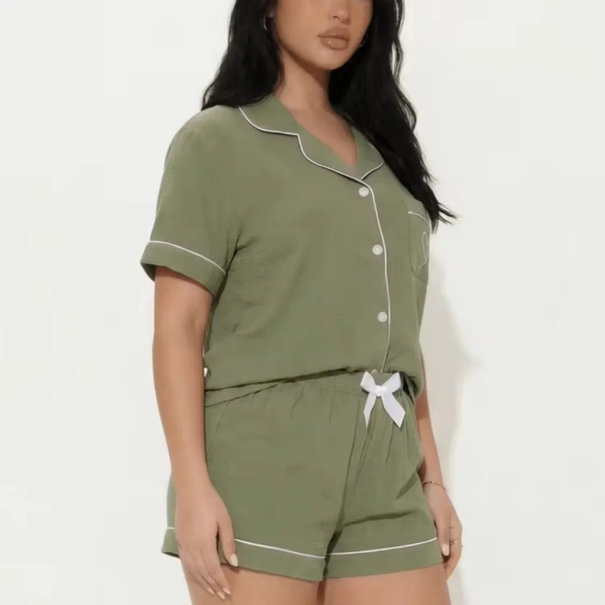 2pcs Women's Solid Polo Collar Pocket  Short Sleeve Top And Bowknot Shorts Pajama Set - SMALL