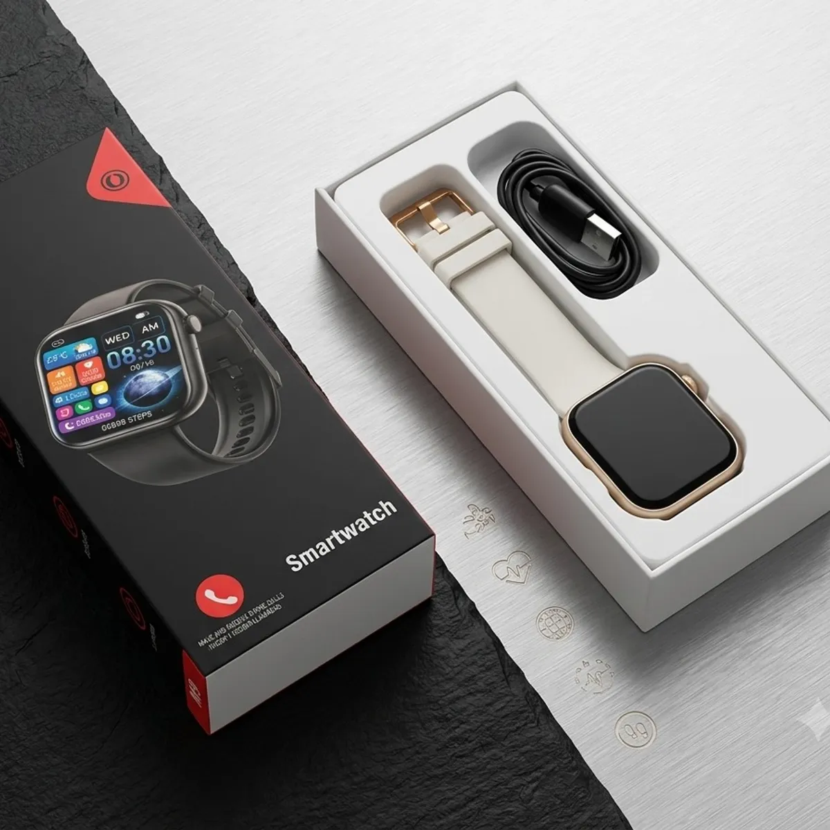 G28-style smartwatch, featuring a 1.85-inch rectangular display and a beige silicone band
