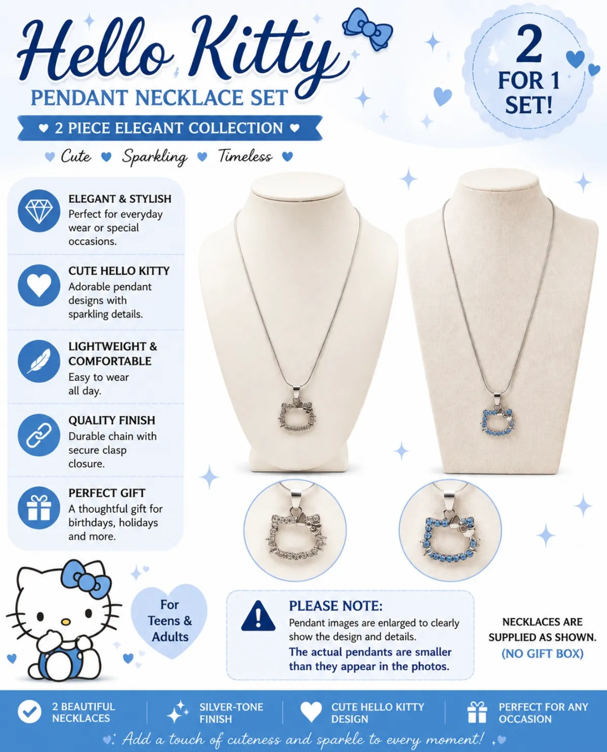 Hello Kitty Pendant Silver Toned Necklace Set.