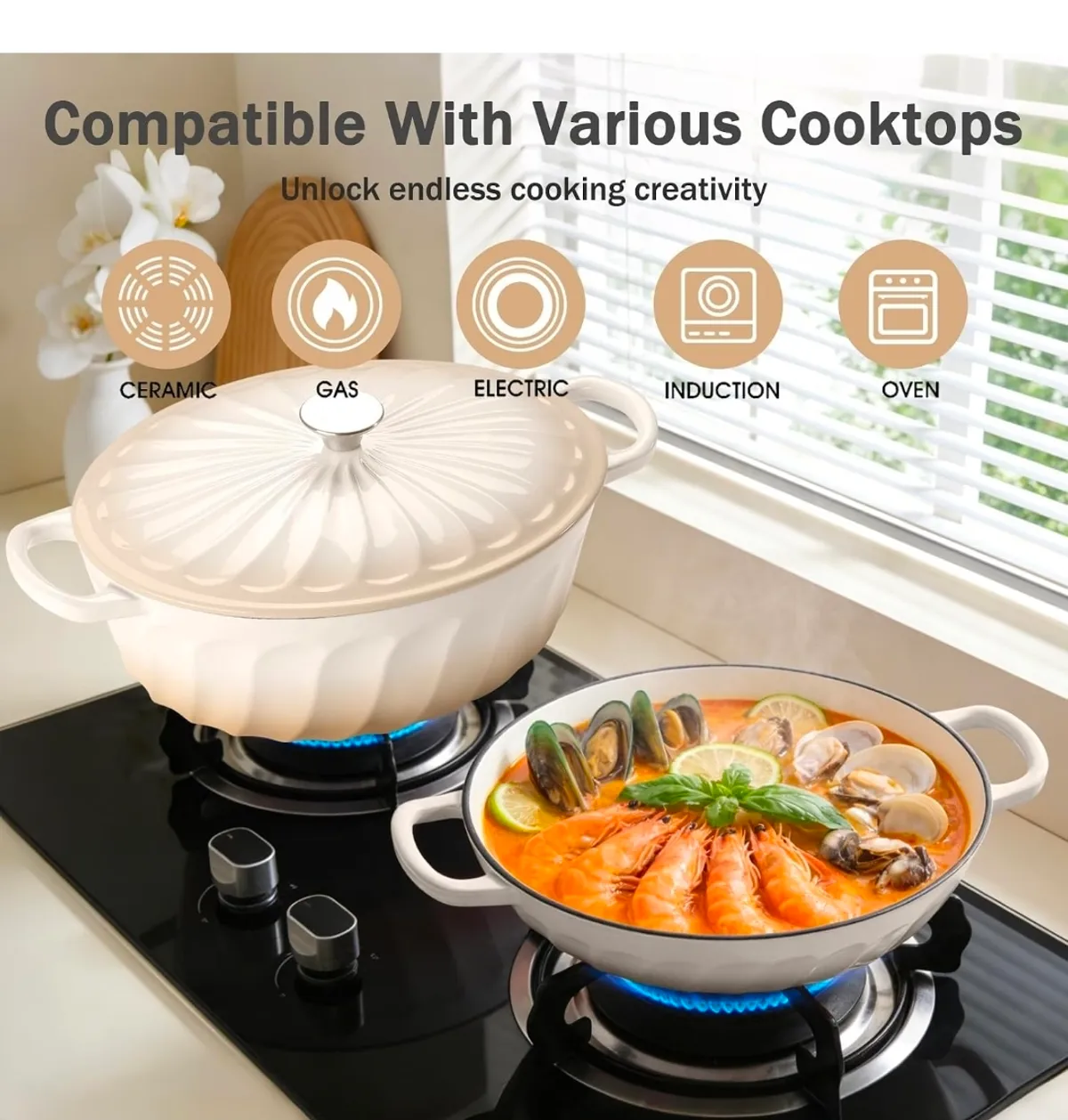 Used like new Enameled Cast Iron Dutch Oven, 3.8 Quart Dutch Oven Pot with Lid, Shallow Cast Iron Braiser with Handles, Oven Safe up to 500°F (Caramel White)