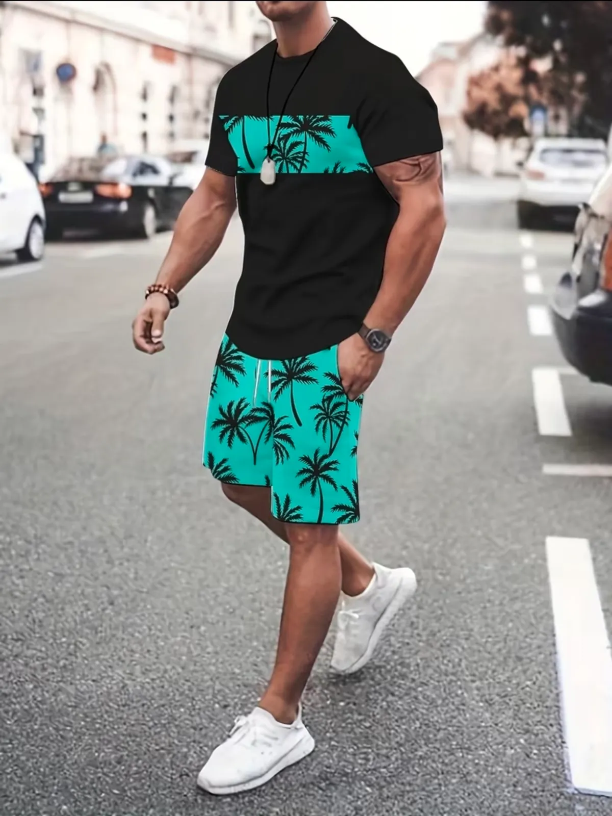 Trendy Men's Set: Short-Sleeve T-Shirt + Casual Shorts Two-Piece Outfit -Size S