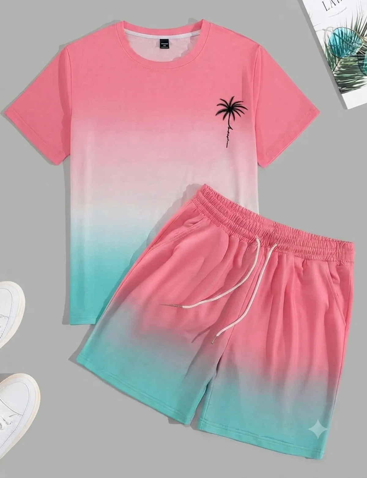 Men's Minimalist Vacation Style "Gradient Palm Tree" Pattern Sports Set - Size S