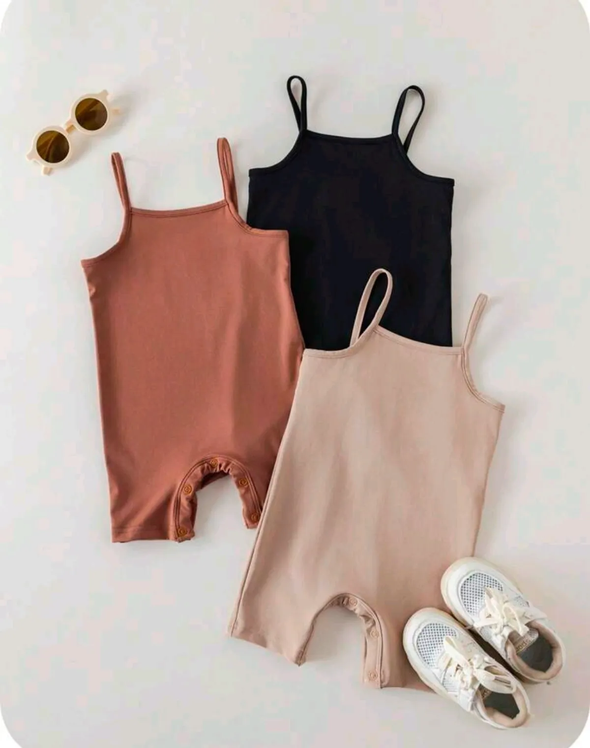 Girl Summer Cute Simple Solid Color Elastic Strap Romper 3pcs Outfit Set - Size 2-3Y