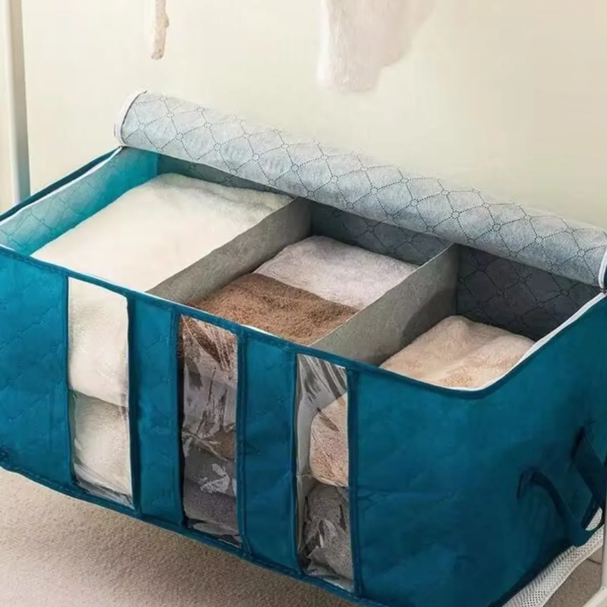 1pc Foldable Storage Organizer Bag, 3-Compartment Divider, Teal