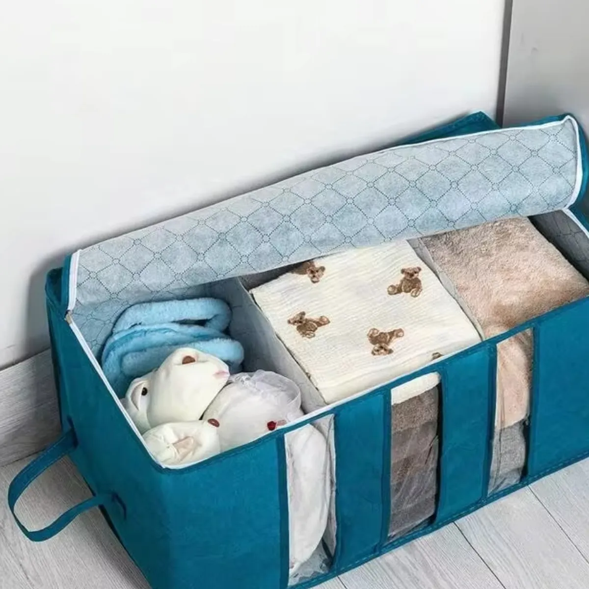 1pc Foldable Storage Organizer Bag, 3-Compartment Divider, Teal