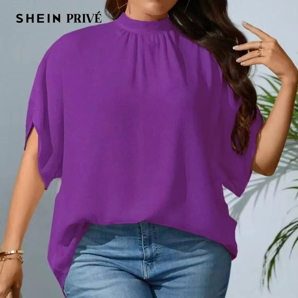 Plus Size Solid Batwing Sleeve Mock Neck Blouse, Purple - Size Xl