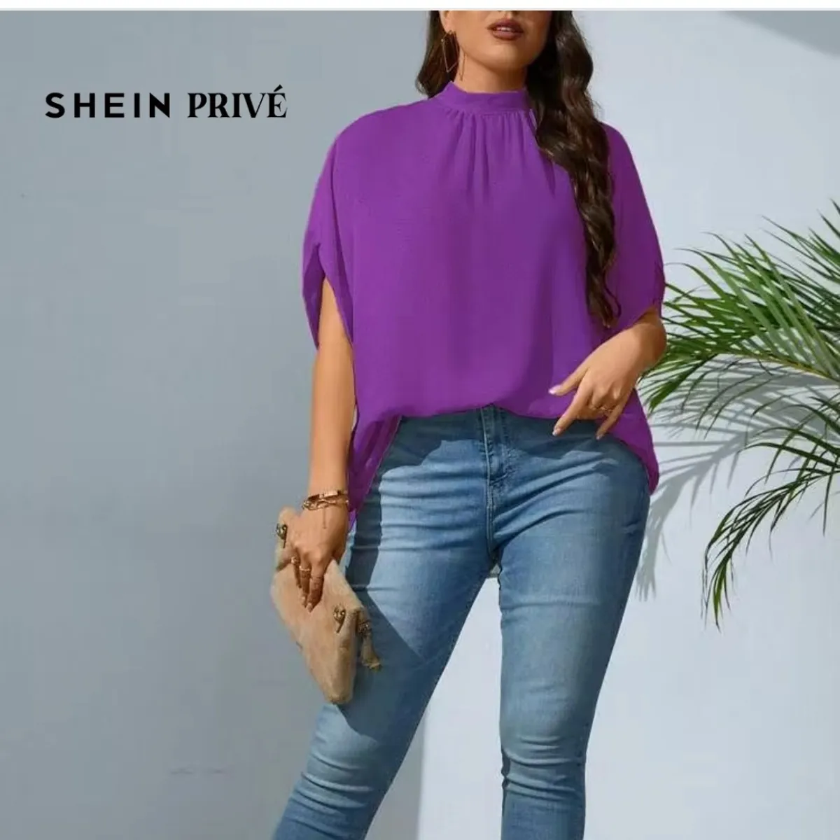 Plus Size Solid Batwing Sleeve Mock Neck Blouse, Purple - Size Xl