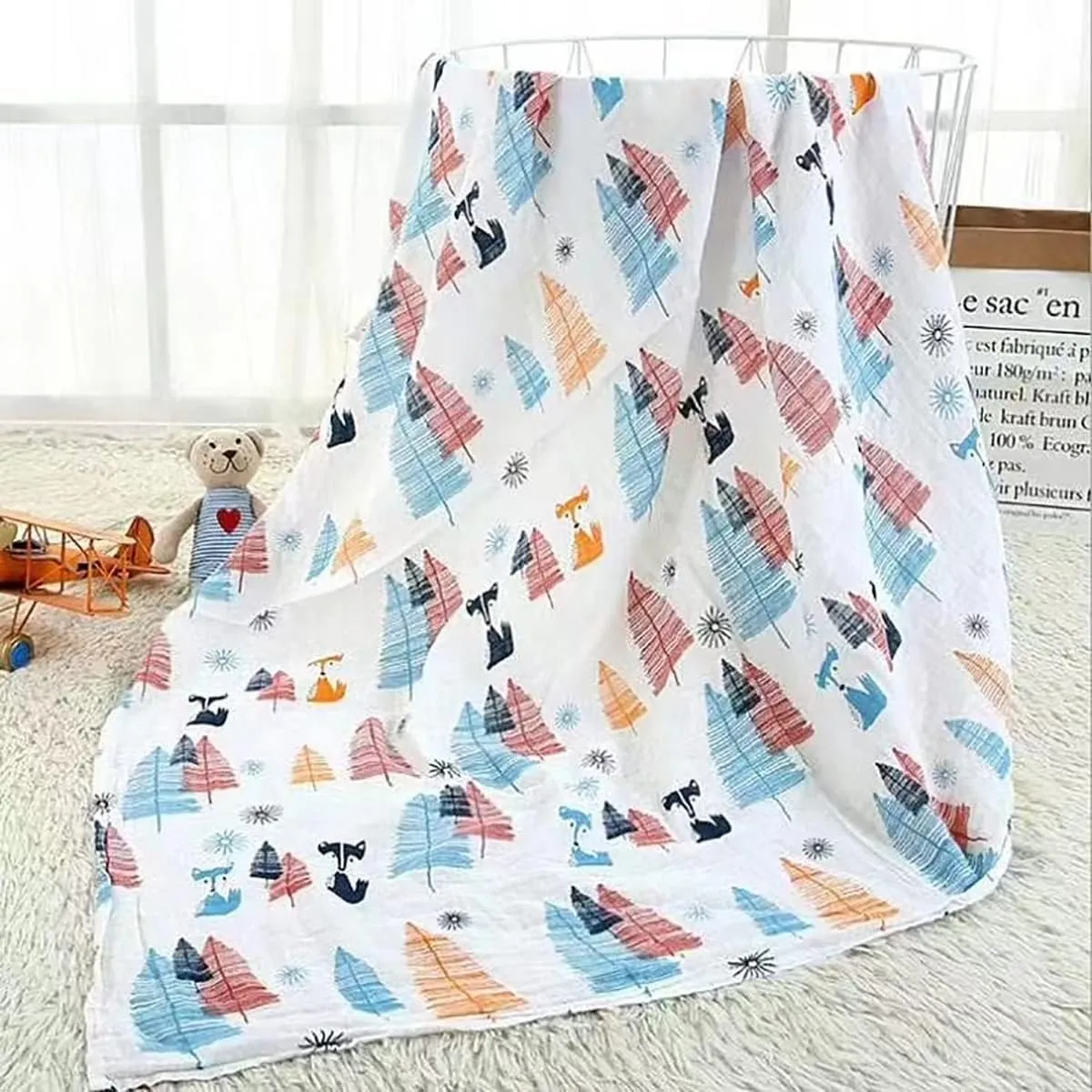 3 Swaddle Blanket - Bamboo / Cotton Muslin with Fox Forest Print Unisex