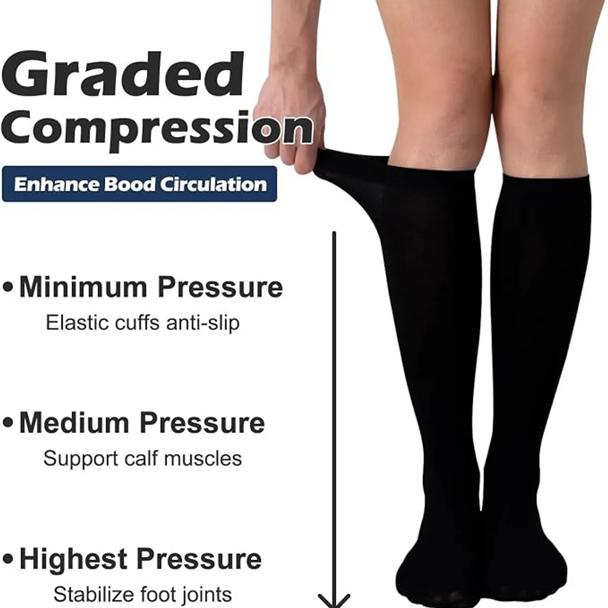 3 pairs Compression Socks Long Knee High Socks for Women, Men Support , Black - Size S/M