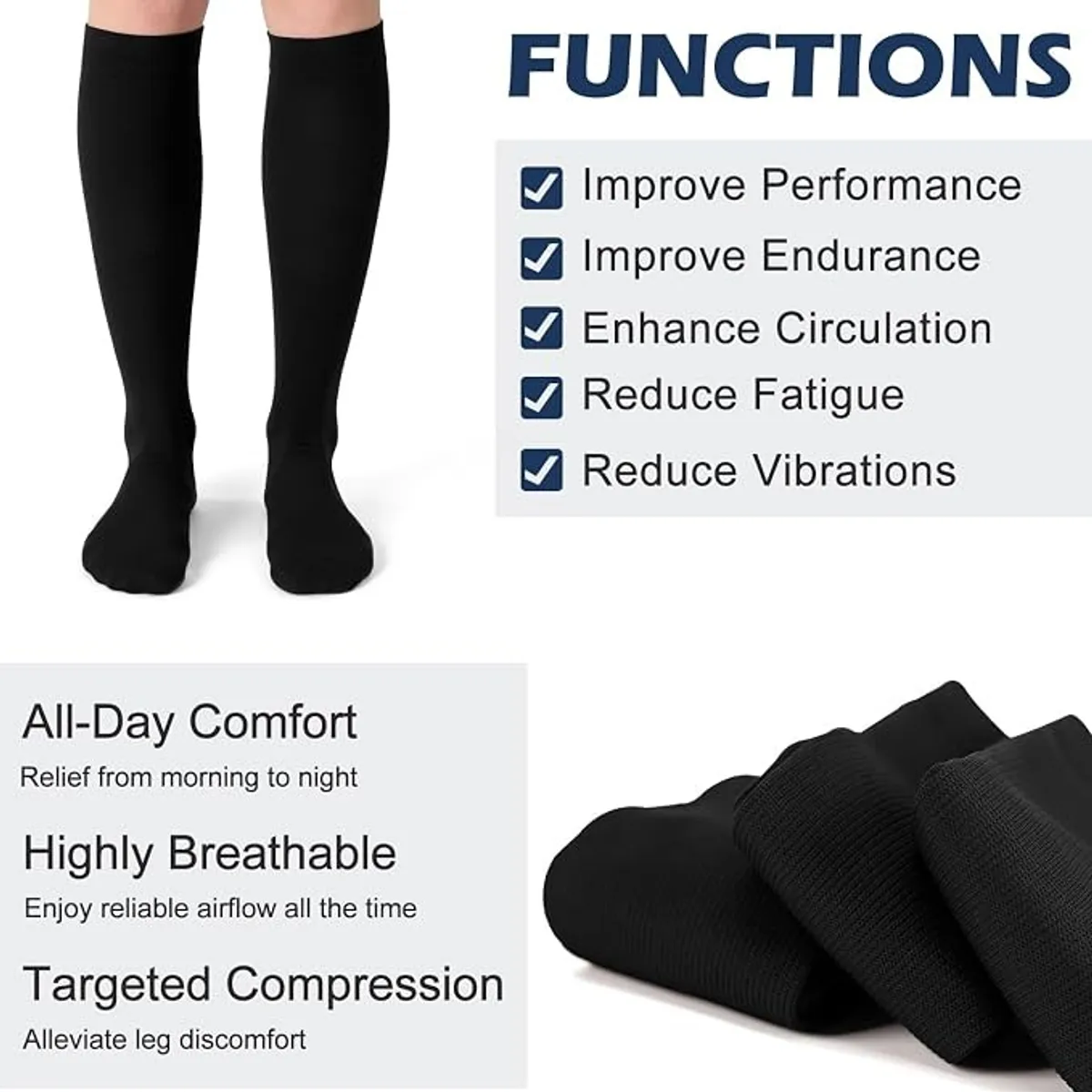 3 pairs Compression Socks Long Knee High Socks for Women, Men Support , Black - Size S/M