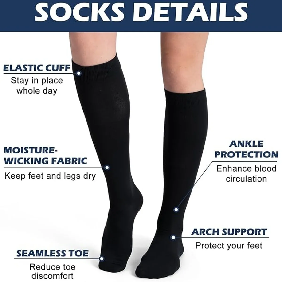 3 pairs Compression Socks Long Knee High Socks for Women, Men Support , Black - Size S/M