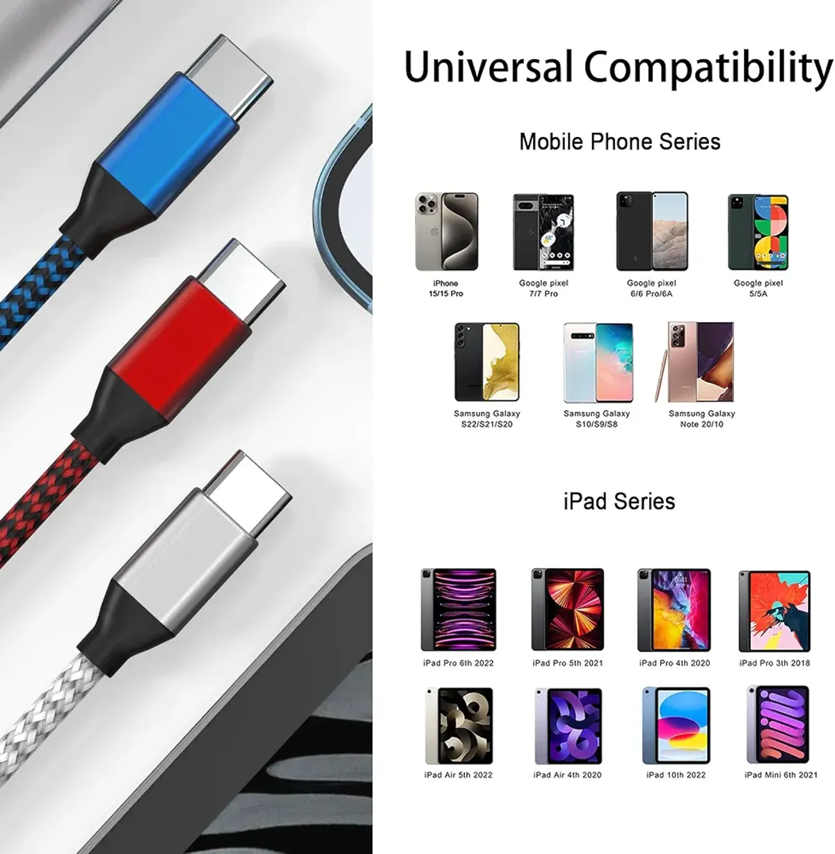 5Pcs Type C to Type C Cable Nylon Braided 60W 3/3/6/6/10 FT USB