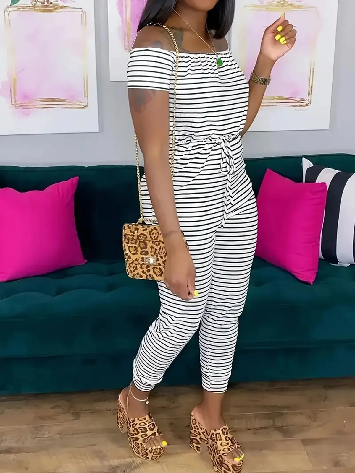 Women's Black & White Striped Off-the-Shoulder Jumpsuit - Summer Sleeveless Romper with Adjustable Waist Tie