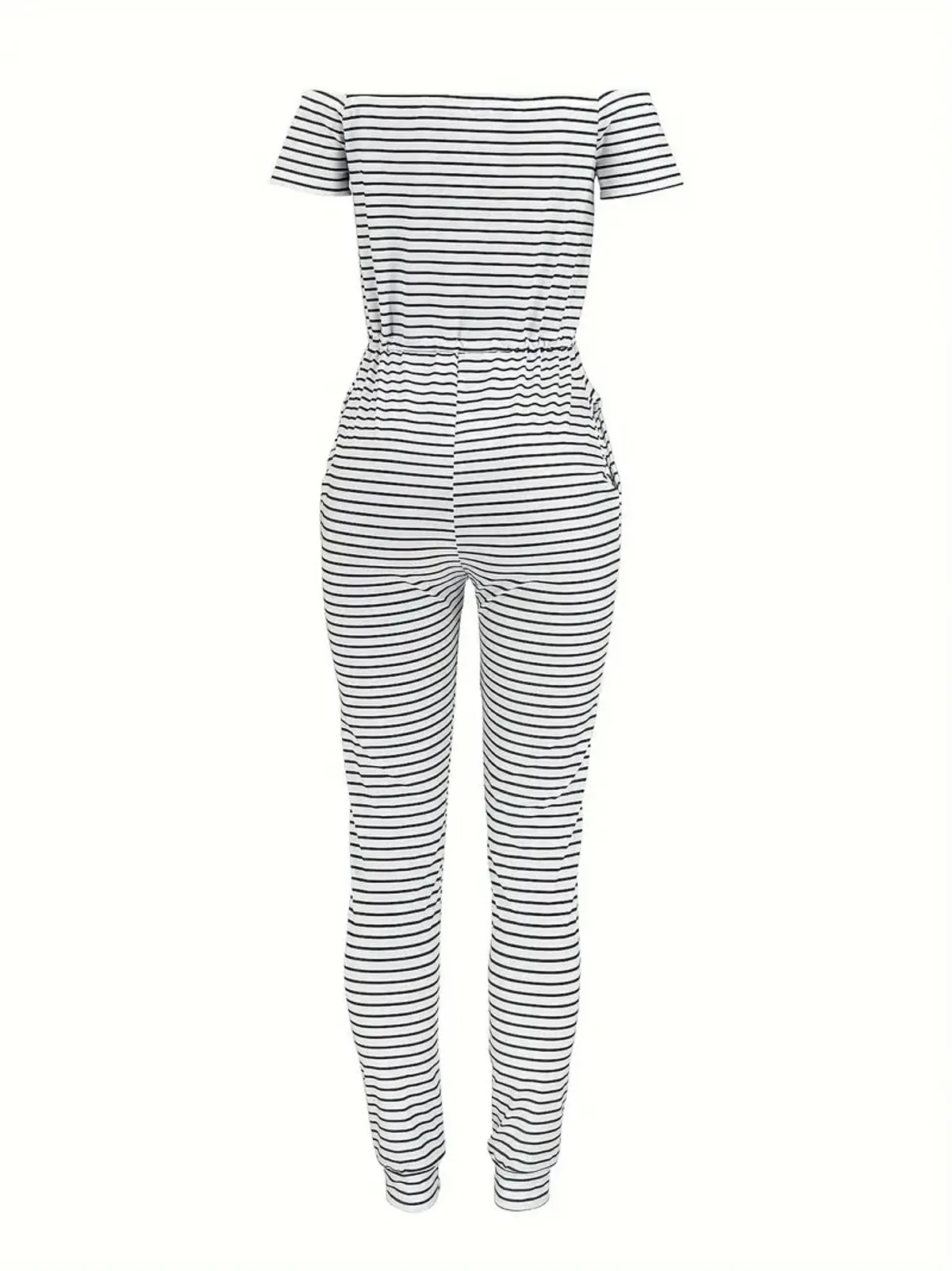 Women's Black & White Striped Off-the-Shoulder Jumpsuit - Summer Sleeveless Romper with Adjustable Waist Tie