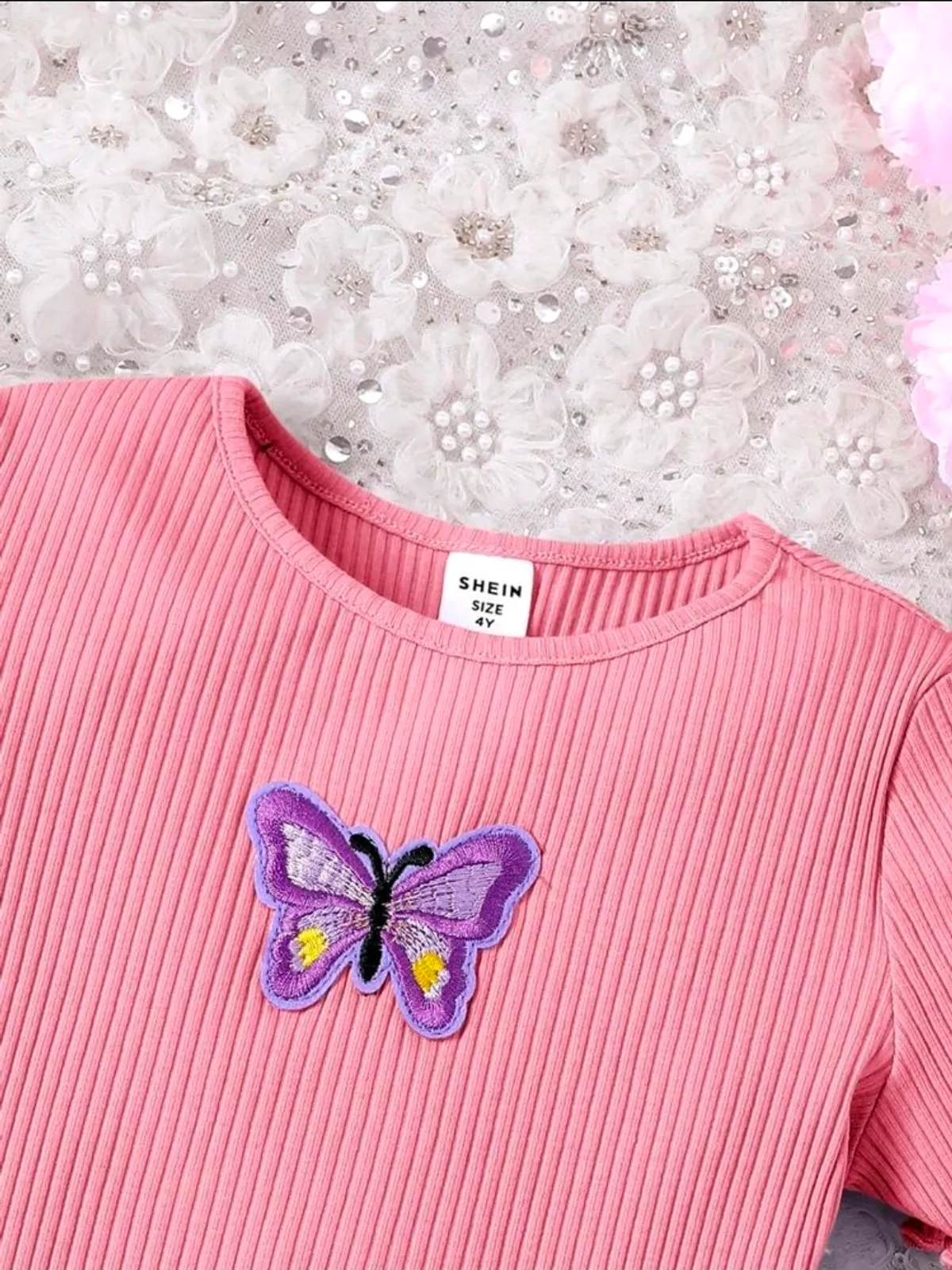 Young Girl Knit Butterfly Patterned Solid Color Round Neck Casual Dress - Size 6Y