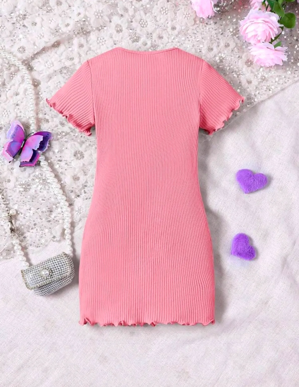 Young Girl Knit Butterfly Patterned Solid Color Round Neck Casual Dress - Size 6Y