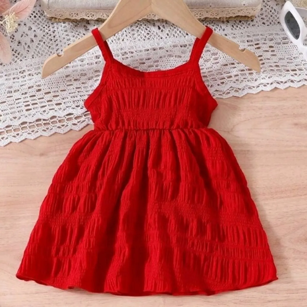 1pc Girl Red Button Decor Suspender Dress-Size 7Y