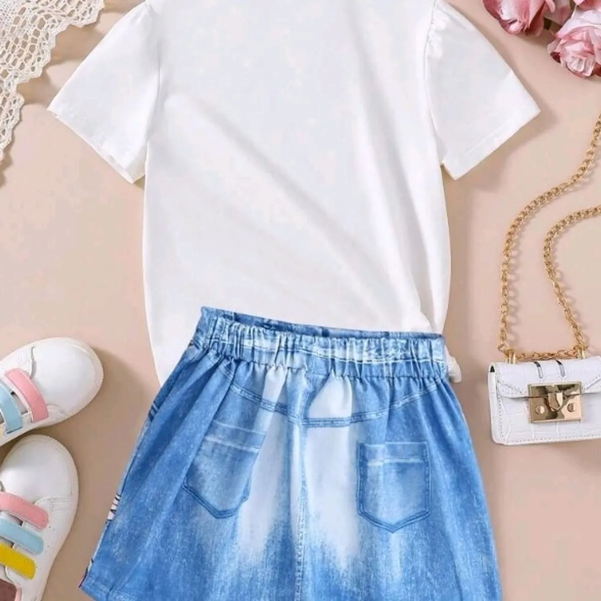 Girl Unicorn Pattern Printed Short Sleeve Top And Denim Effect Skirt-Size 7Y