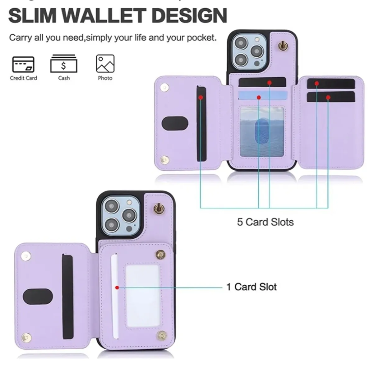 Wallet Case, Crossbody Phone Case with Zipper Card Holder, Leather Cover, Purple - IPhone 14 Plus